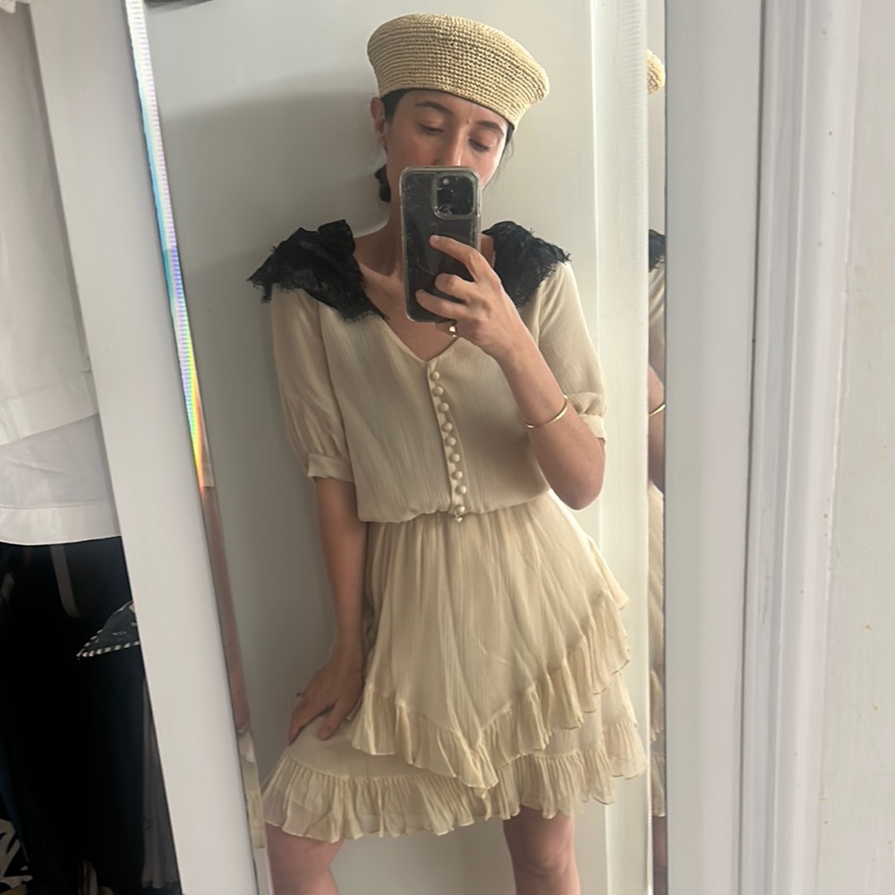 McGinn Tan and Cream Romantic Ruffled Dress